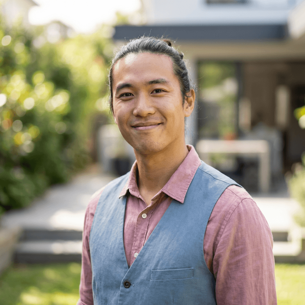 Daniel Wu standing in a bright home entryway