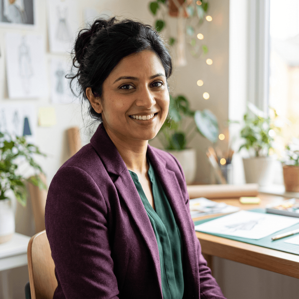 Female customer in her early 30s, South Asian, smiling