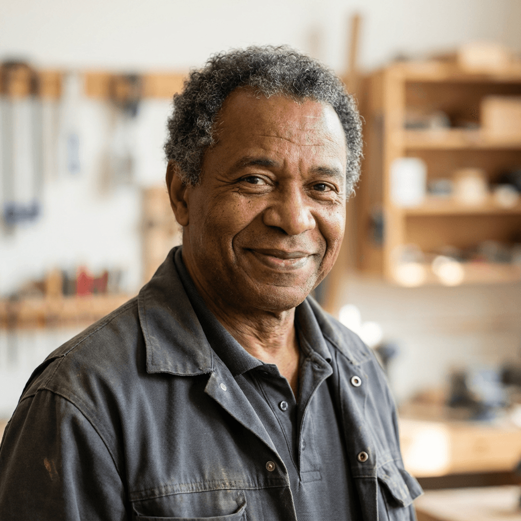 Samuel Hansen, professional locksmith, holding a key ring in his workshop