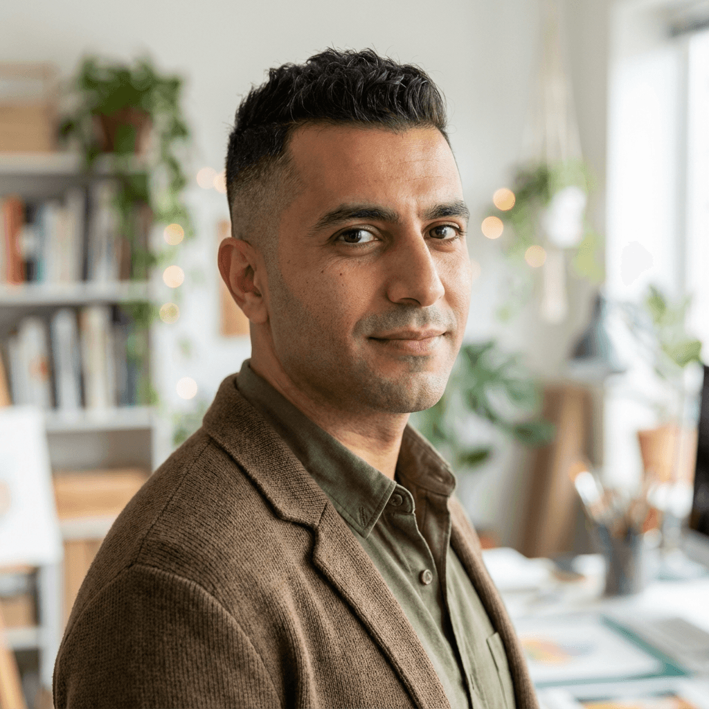 Male office manager in his mid 30s, Middle Eastern, professional appearance