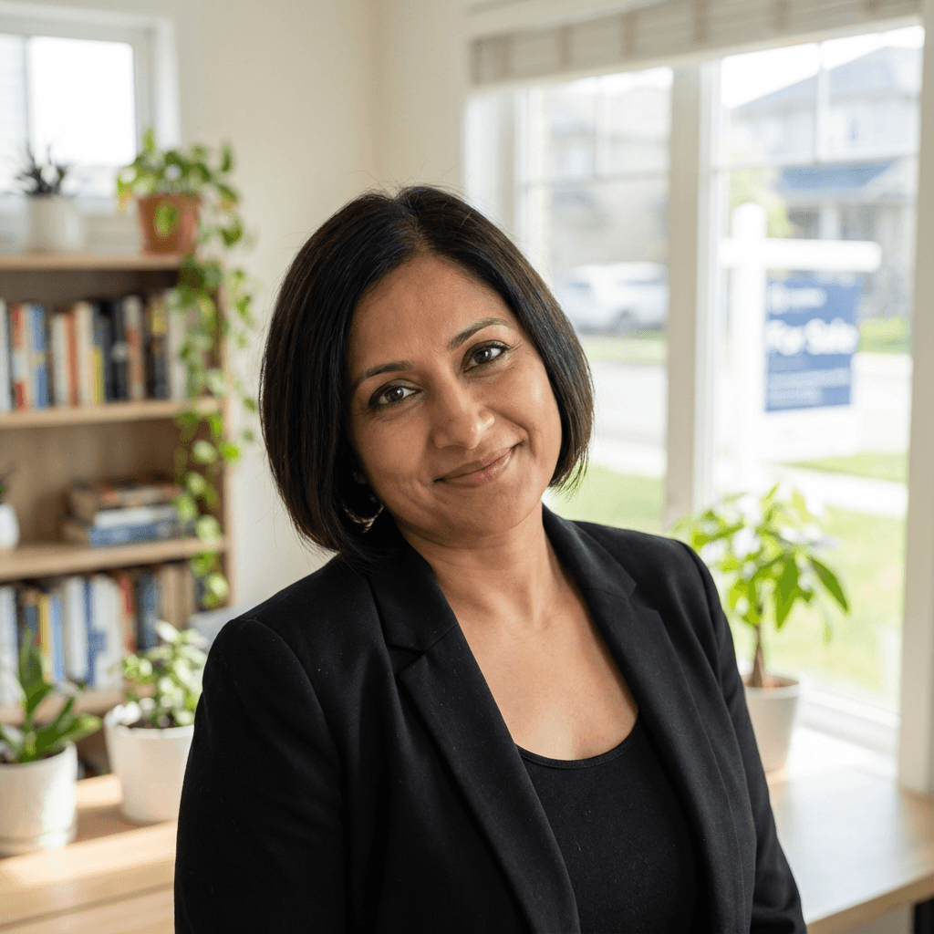 Aisha Rahman standing by a front door