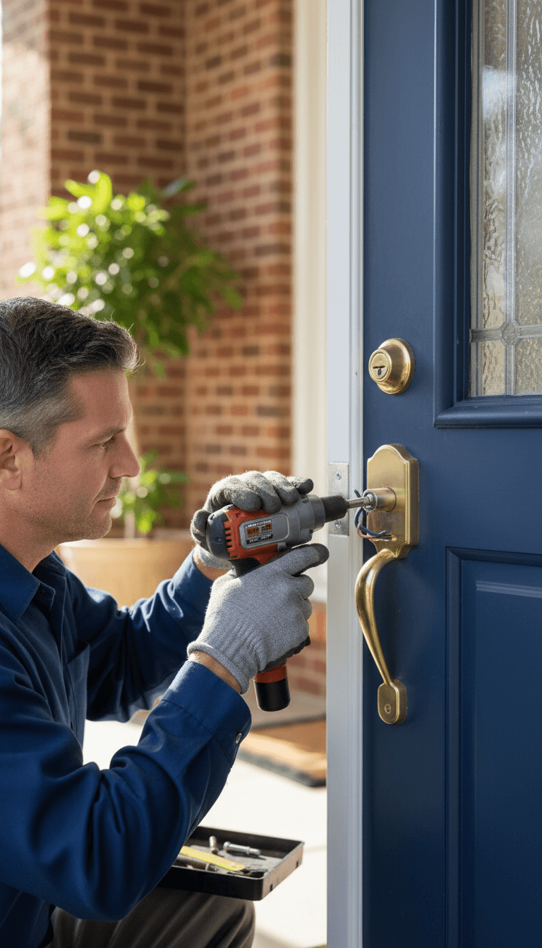 Locksmith installing a new deadbolt on a residential front door