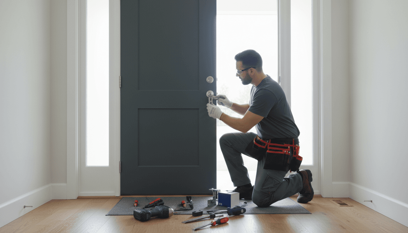 Locksmith installing a new deadbolt lock on a residential front door