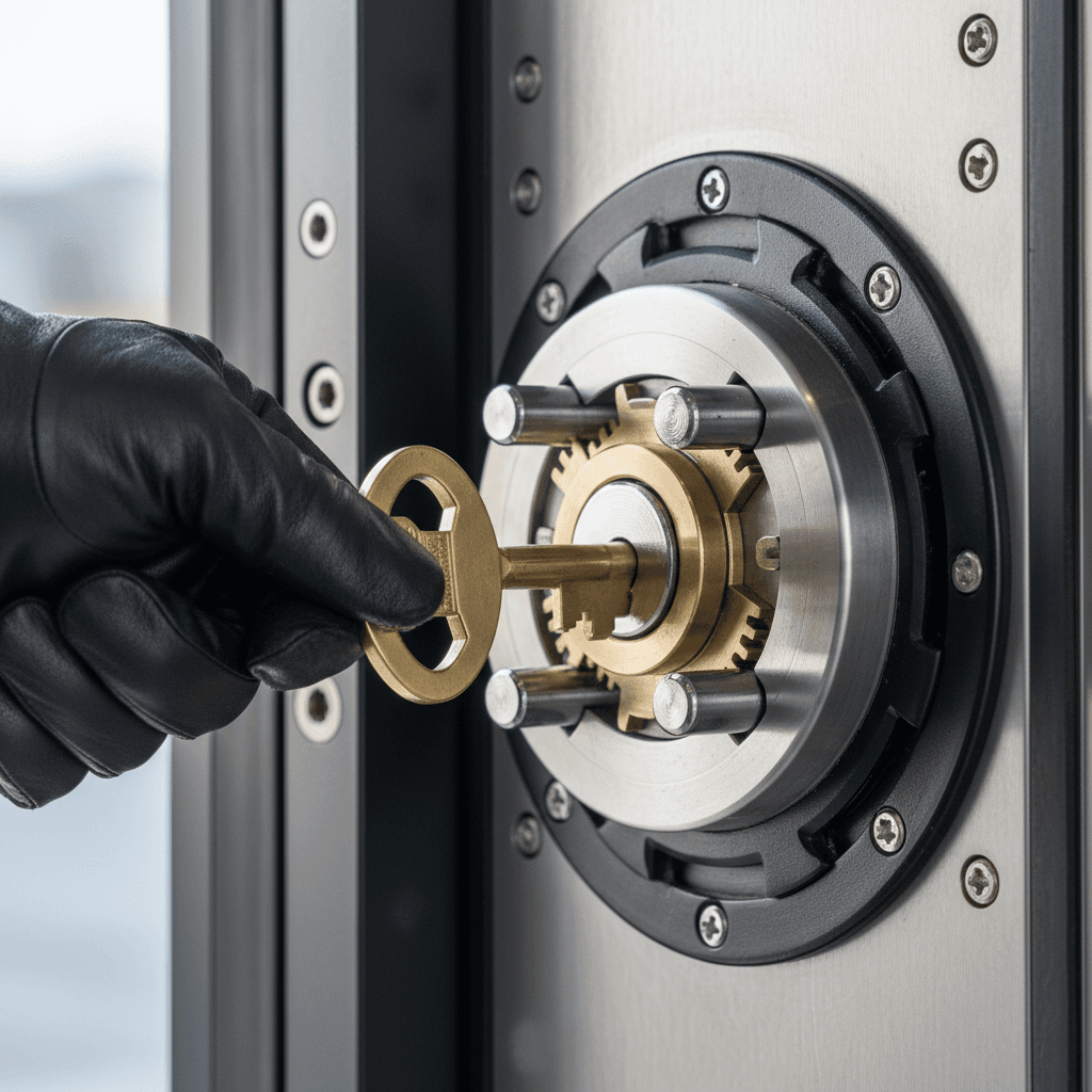 Close up of new residential door lock and deadbolt hardware on a door