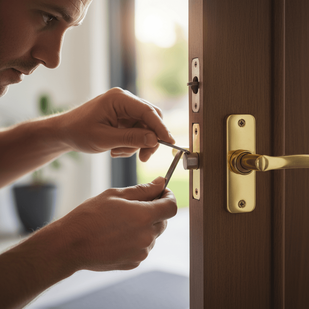 Locksmith inspecting a modern deadbolt lock on a front door