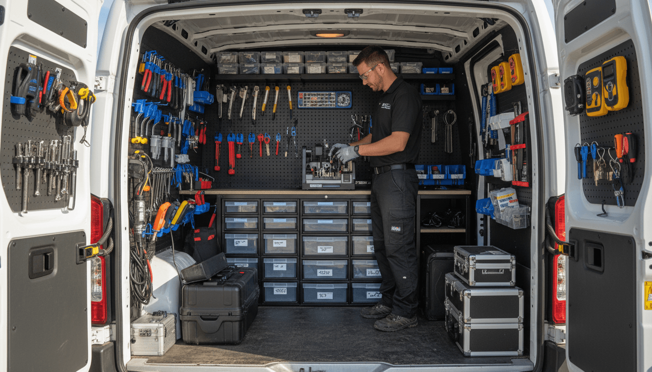 Locksmith organizing tools and supplies in a service van