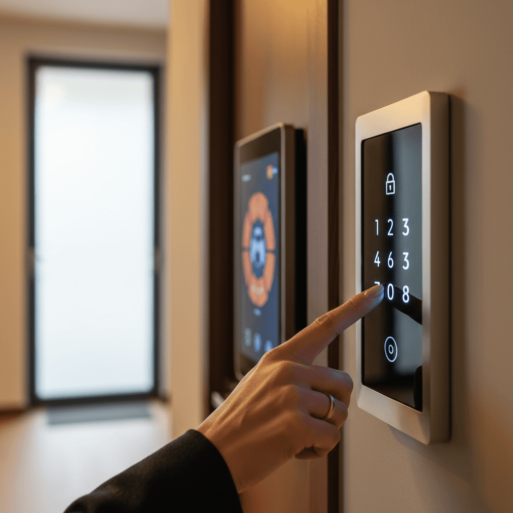 Smart lock installed on a modern apartment door