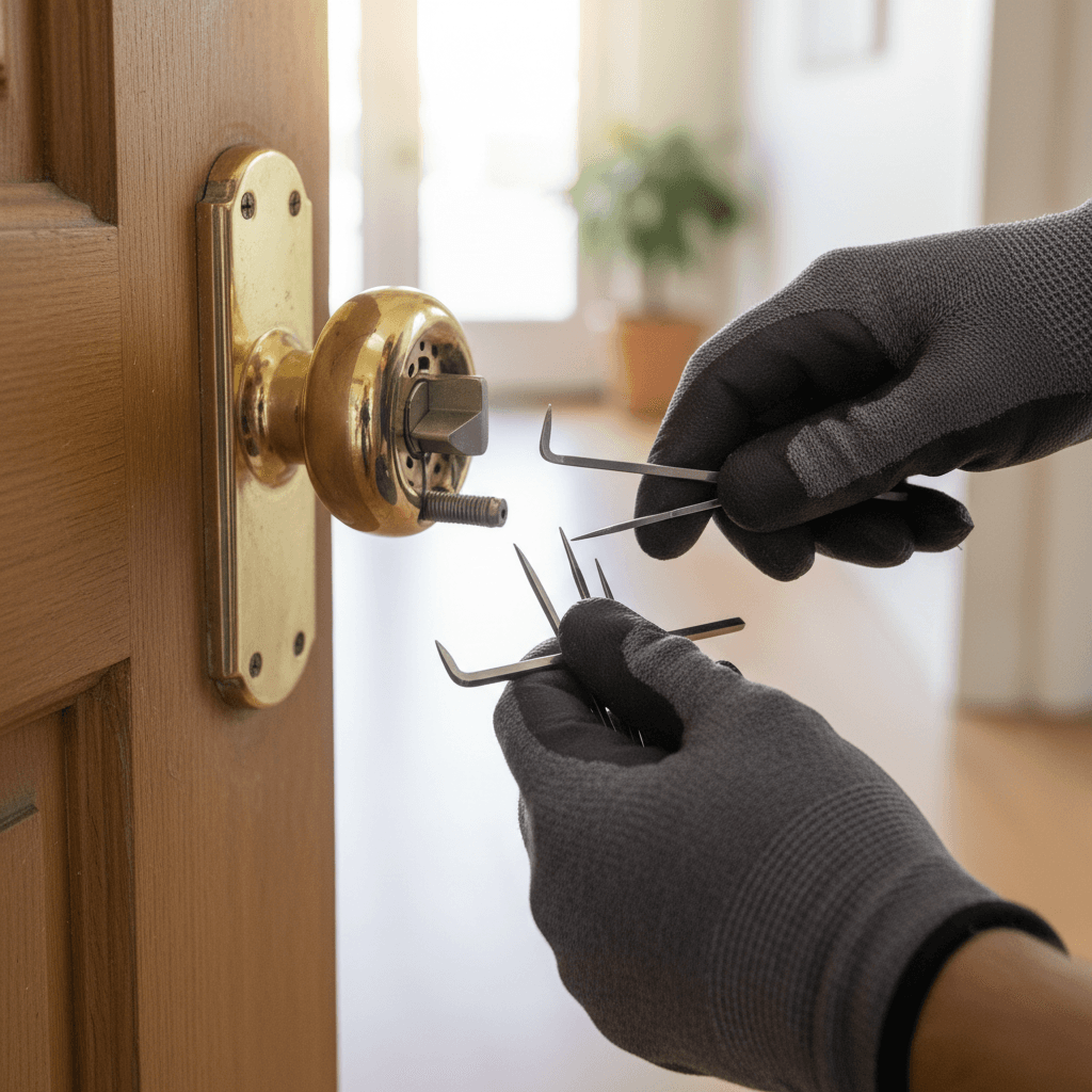 Locksmith showing a price estimate to a customer at a home door
