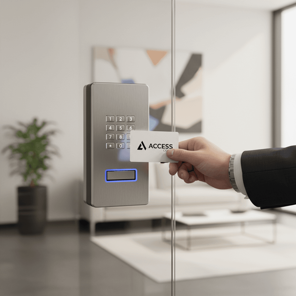 Access card tapped on a security reader at an office entrance