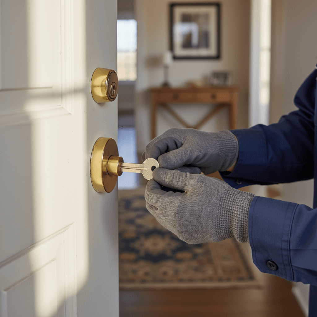 Locksmith testing a newly installed lock with a key in a residential door
