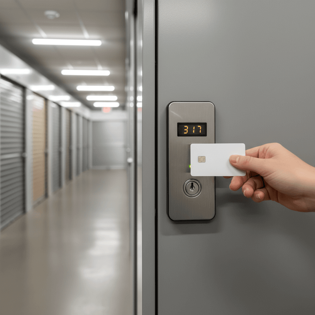 Keyless entry keypad mounted on a commercial glass door