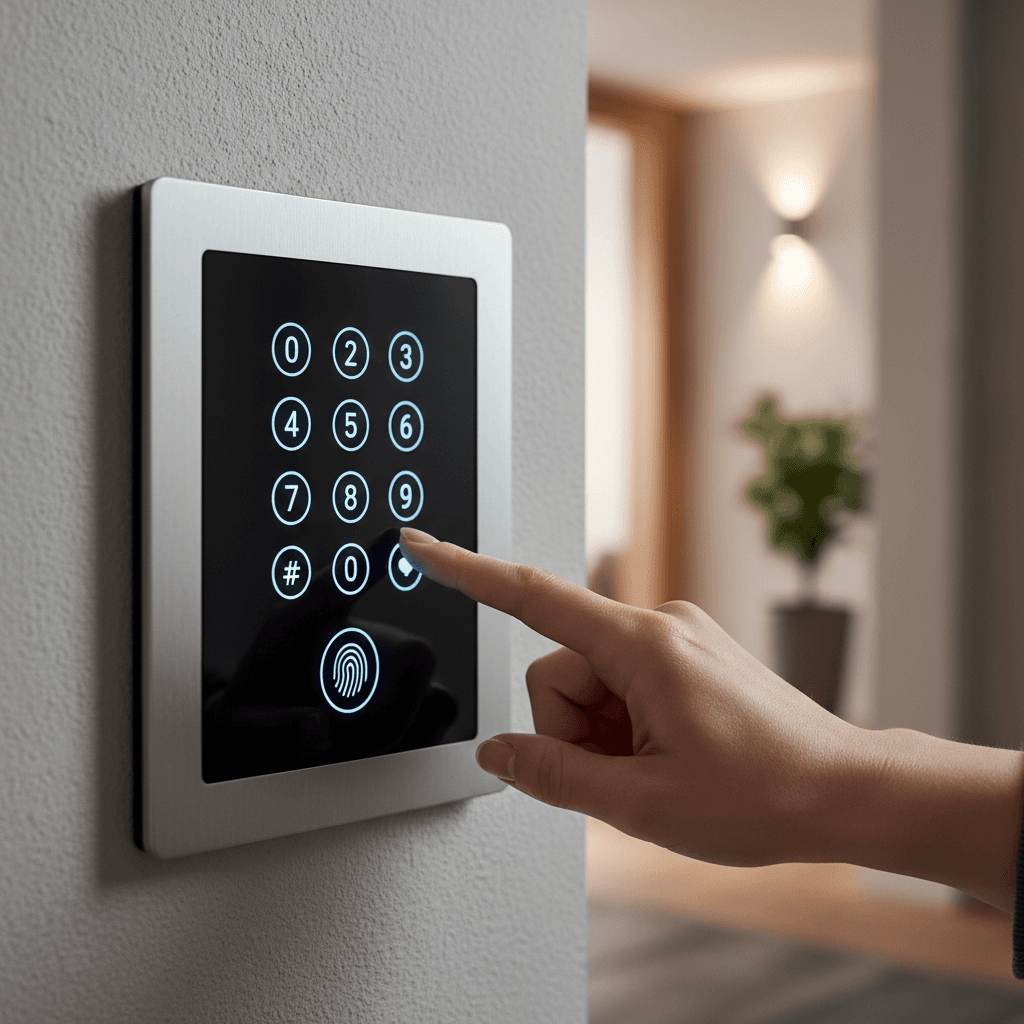 Hand entering a code on a smart lock keypad at a front door
